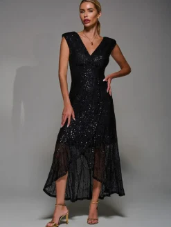 Jolie Moi Black Sequin Asymmetric Ruffle Hem Maxi Dress^Women Maxi Dresses