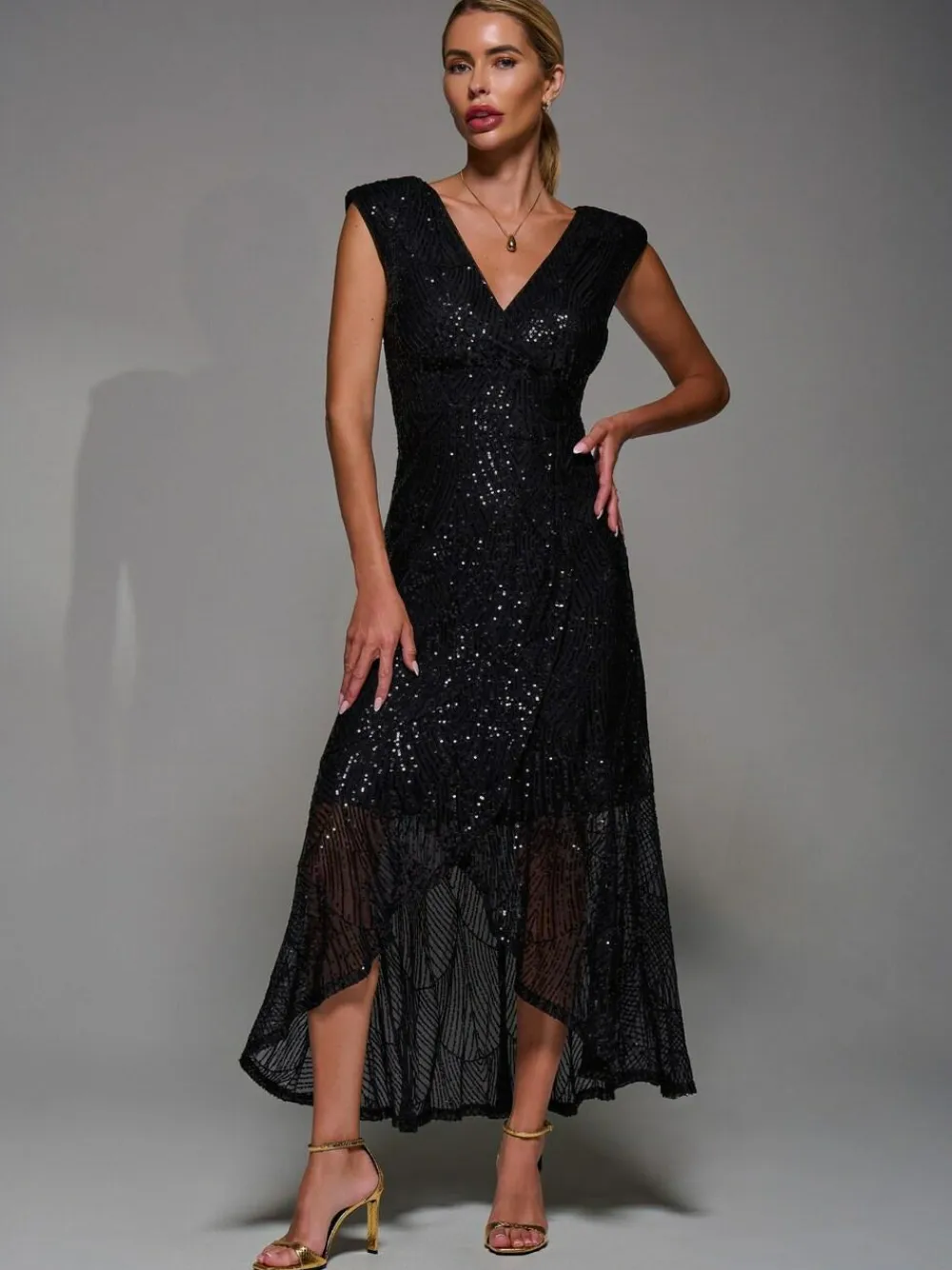 Jolie Moi Black Sequin Asymmetric Ruffle Hem Maxi Dress^Women Maxi Dresses