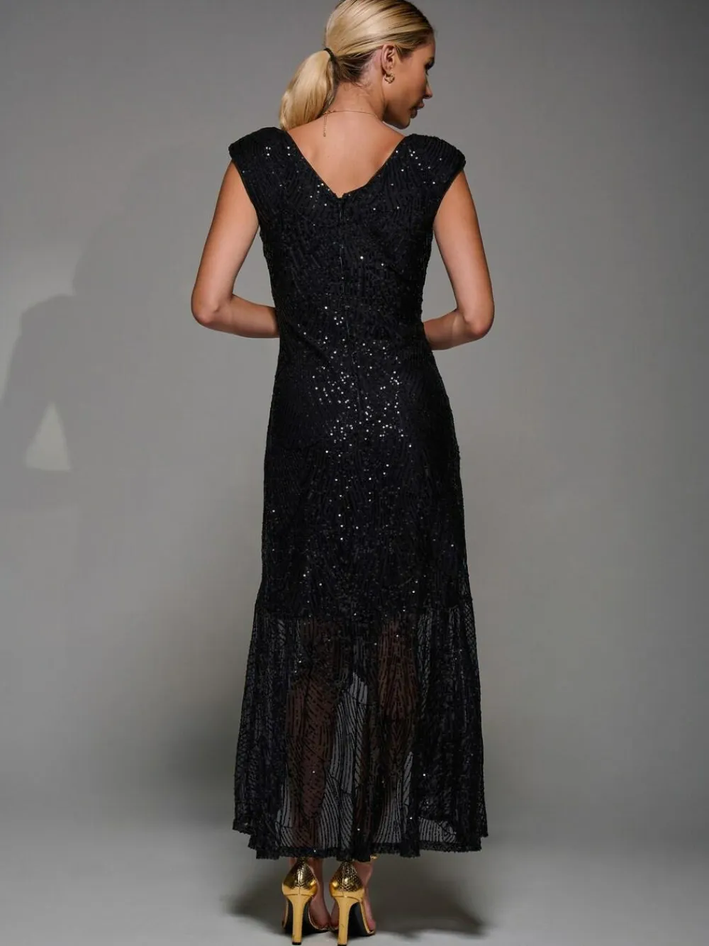 Jolie Moi Black Sequin Asymmetric Ruffle Hem Maxi Dress^Women Maxi Dresses