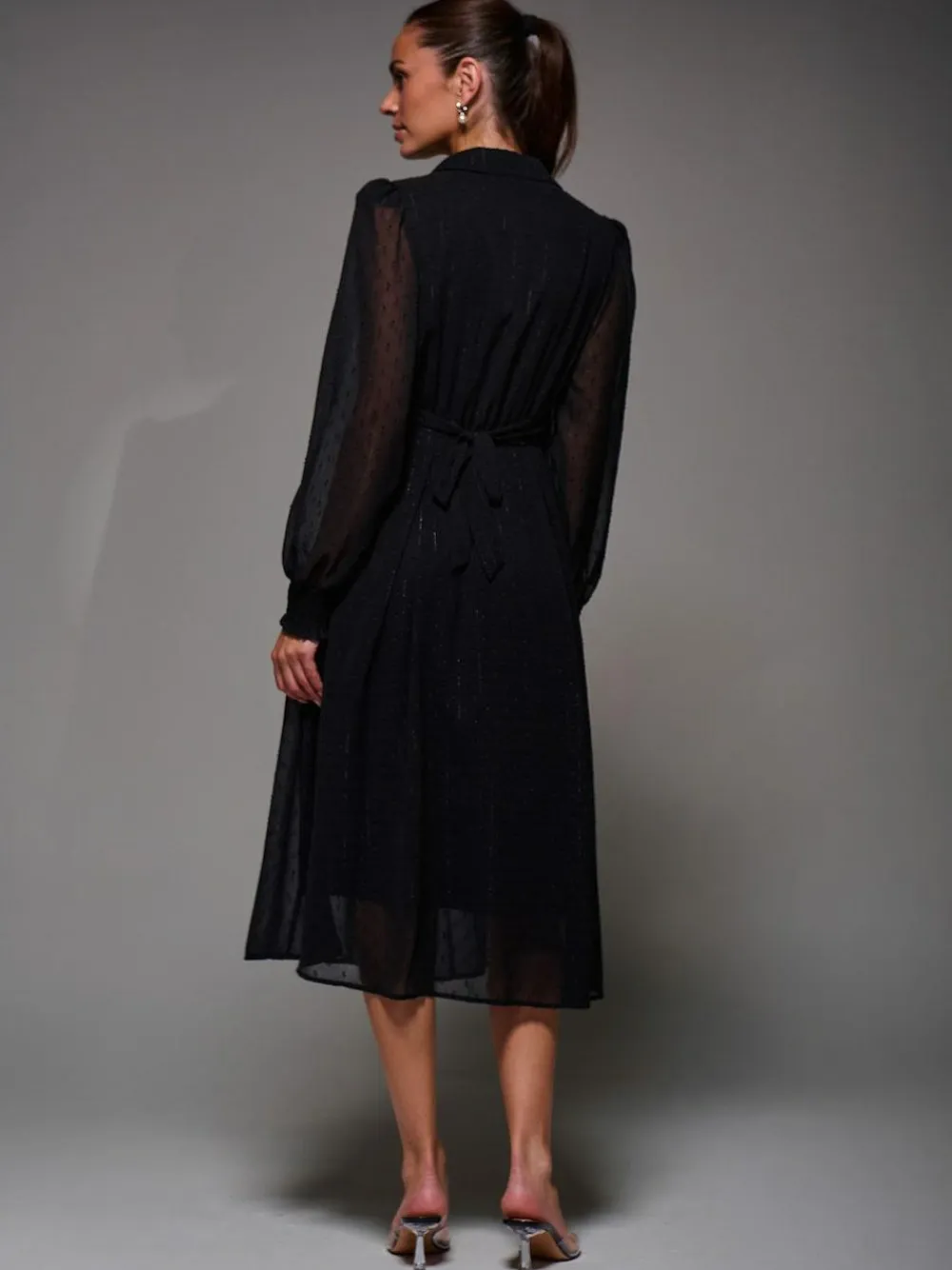 Jolie Moi Black Textured Chiffon Ruffle Shirt Dress^Women Occasion Dresses|Midi Dresses