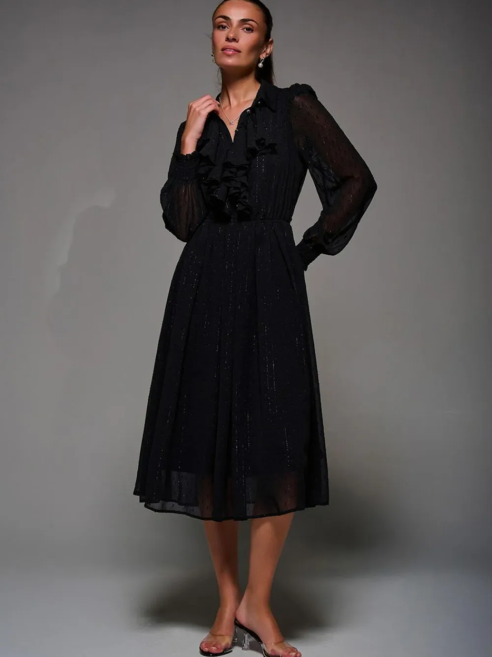 Jolie Moi Black Textured Chiffon Ruffle Shirt Dress^Women Occasion Dresses|Midi Dresses