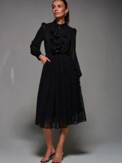 Jolie Moi Black Textured Chiffon Ruffle Shirt Dress^Women Occasion Dresses|Midi Dresses