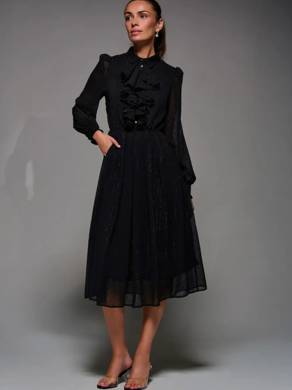 Jolie Moi Black Textured Chiffon Ruffle Shirt Dress^Women Occasion Dresses|Midi Dresses