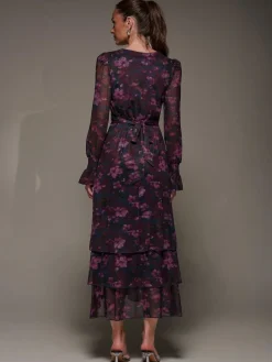 Best Jolie Moi Blue Long Sleeve Ruffle Hem Mesh Maxi Dress