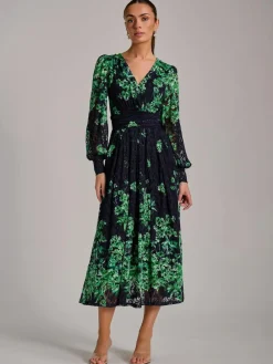 New Jolie Moi Blue Long Sleeve Print Lace Maxi Dress