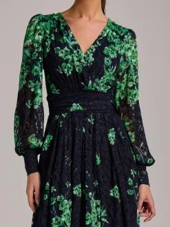 New Jolie Moi Blue Long Sleeve Print Lace Maxi Dress