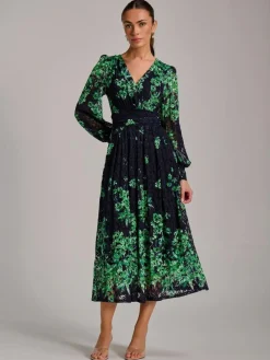 New Jolie Moi Blue Long Sleeve Print Lace Maxi Dress