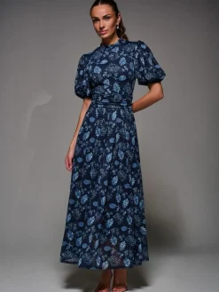 Hot Jolie Moi Puffy Sleeve Printed Mesh Maxi Dress Blue