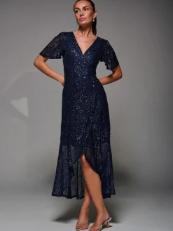 Hot Jolie Moi Blue Sequin Angel Sleeve Ruffle Hem Maxi Dress