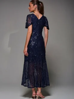 Hot Jolie Moi Blue Sequin Angel Sleeve Ruffle Hem Maxi Dress