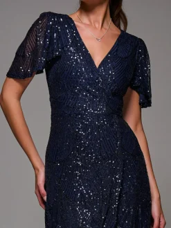 Hot Jolie Moi Blue Sequin Angel Sleeve Ruffle Hem Maxi Dress