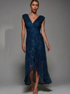 Outlet Jolie Moi Blue Sequin Asymmetric Ruffle Hem Maxi Dress