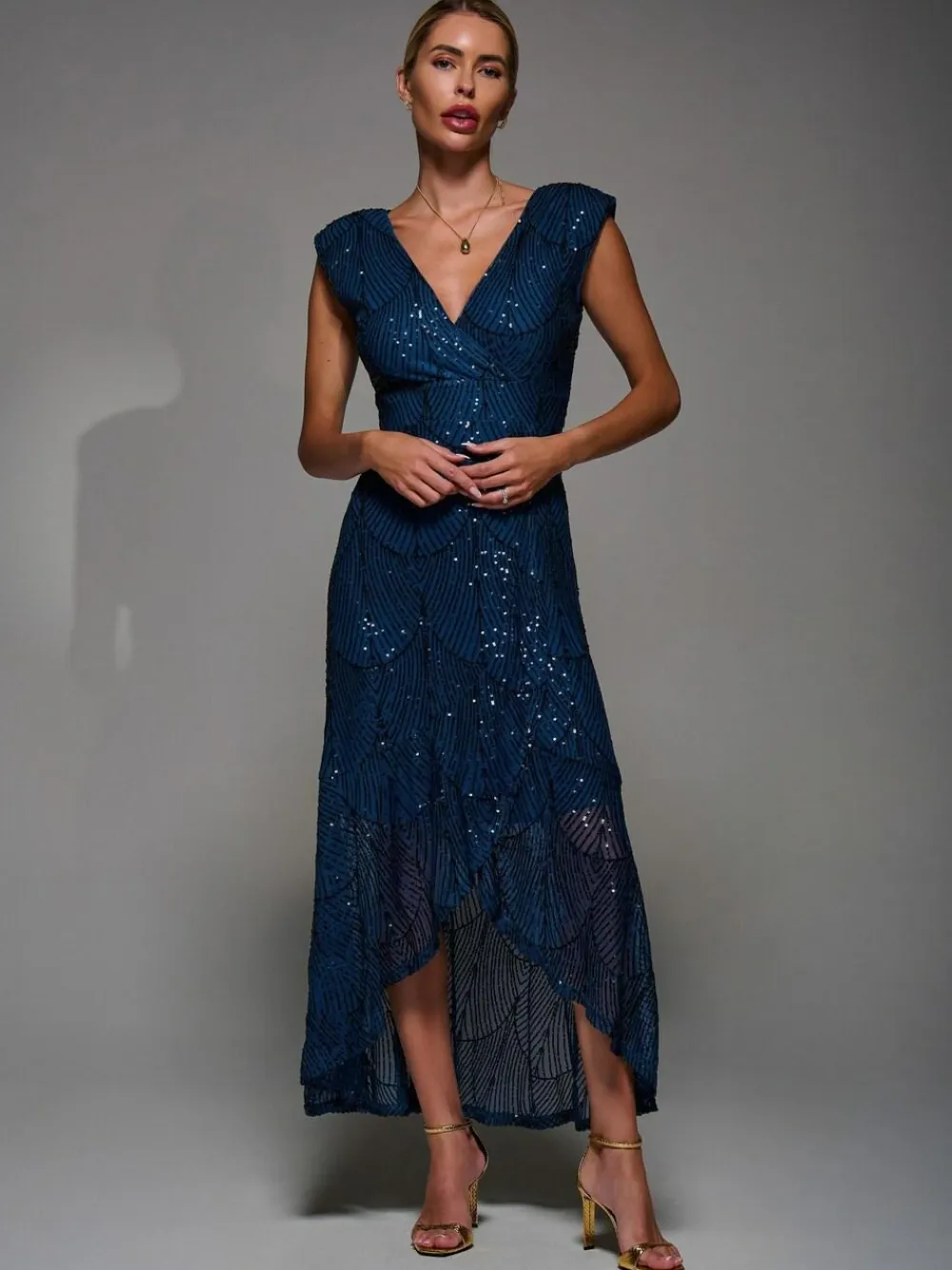 Outlet Jolie Moi Blue Sequin Asymmetric Ruffle Hem Maxi Dress