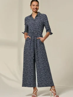 Clearance Jolie Moi Blue Tie Half Sleeve Wide Leg Jumpsuit