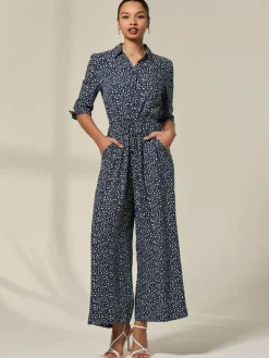 Clearance Jolie Moi Blue Tie Half Sleeve Wide Leg Jumpsuit