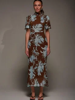 Outlet Jolie Moi Brown High Neck Angel Sleeve Chiffon Maxi Dress