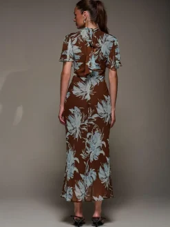 Outlet Jolie Moi Brown High Neck Angel Sleeve Chiffon Maxi Dress