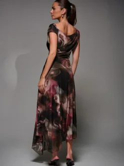 Discount Jolie Moi Mesh Asymmetrical Draped Maxi Dress Brown