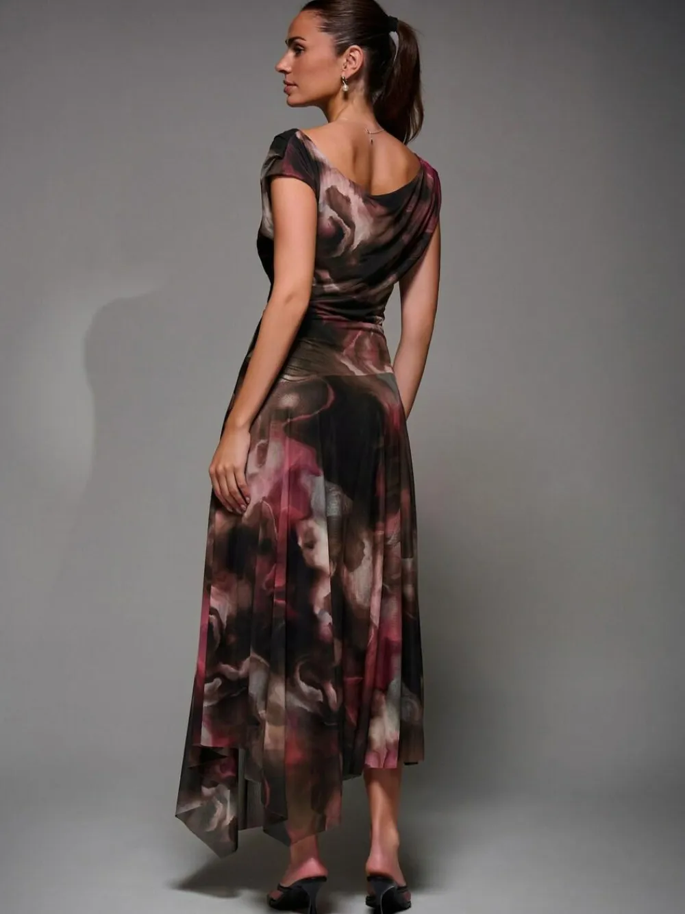 Discount Jolie Moi Mesh Asymmetrical Draped Maxi Dress Brown