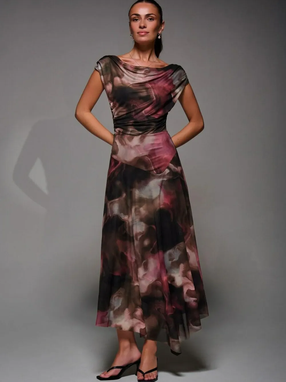 Discount Jolie Moi Mesh Asymmetrical Draped Maxi Dress Brown