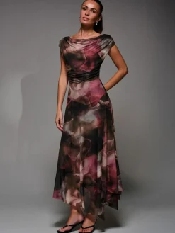 Discount Jolie Moi Mesh Asymmetrical Draped Maxi Dress Brown