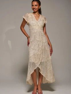 Jolie Moi Gold Frill Short Sleeve Sequin Maxi Dress^Women Occasion Dresses|Midi Dresses