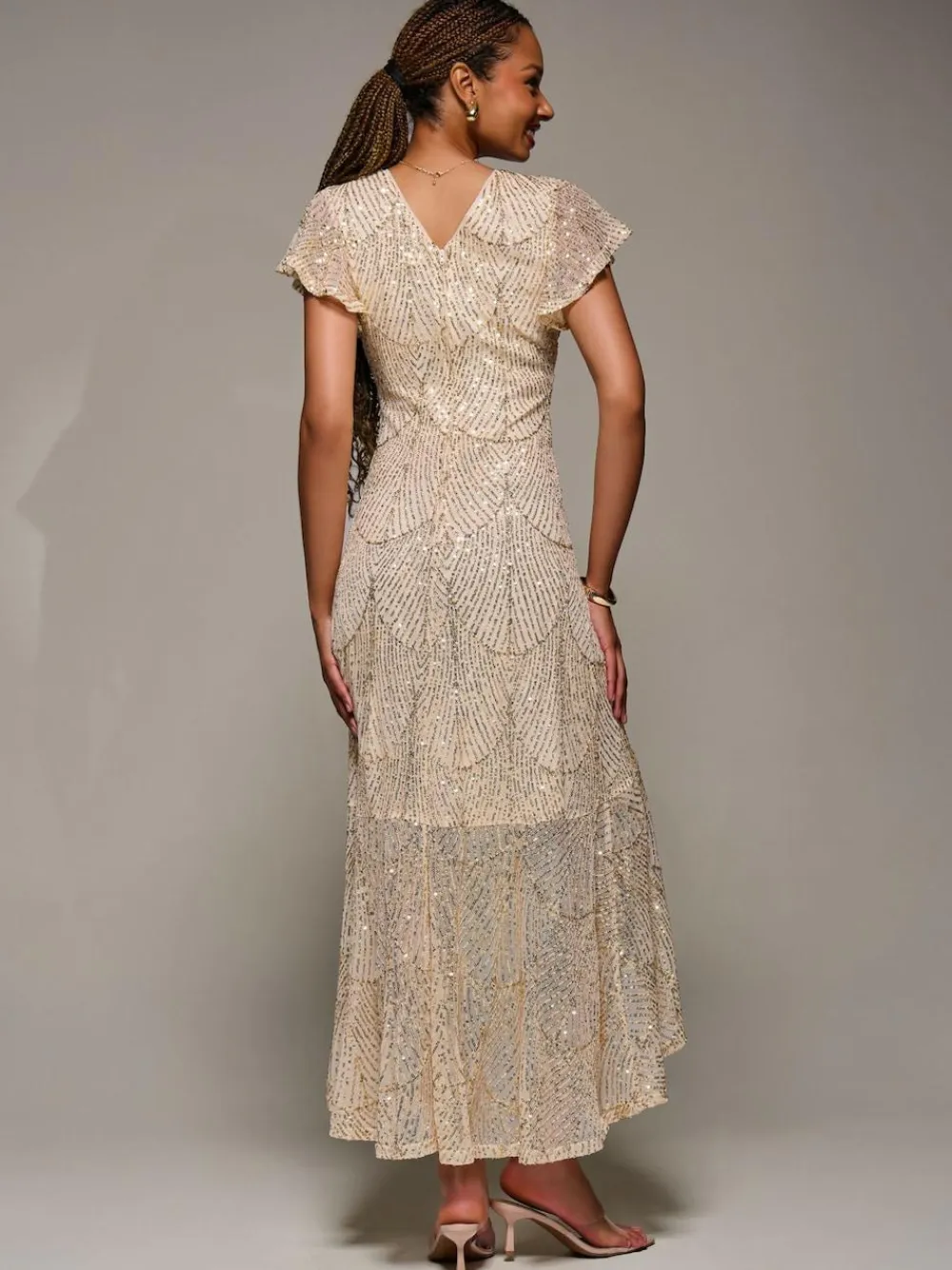 Jolie Moi Gold Frill Short Sleeve Sequin Maxi Dress^Women Occasion Dresses|Midi Dresses