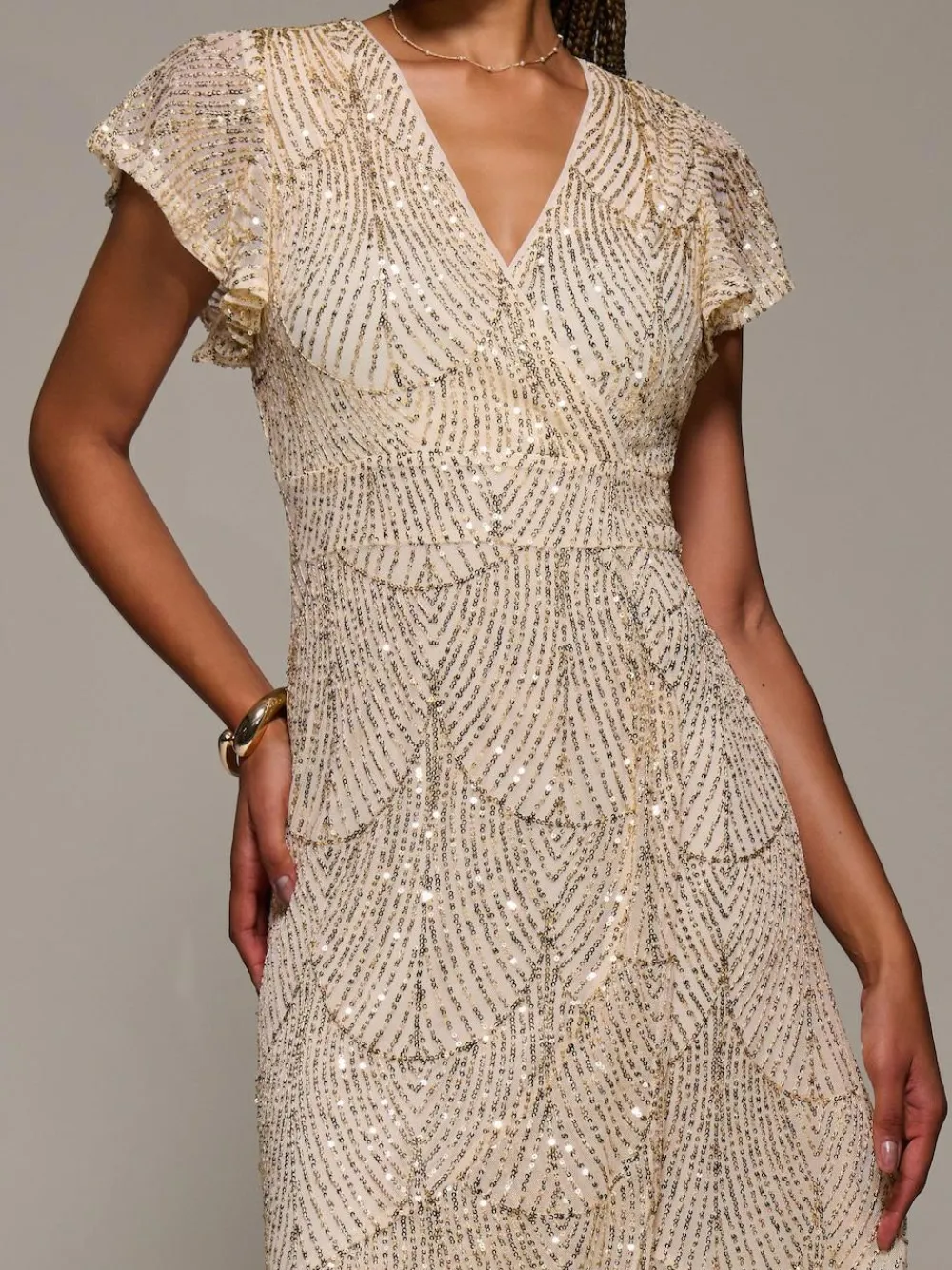 Jolie Moi Gold Frill Short Sleeve Sequin Maxi Dress^Women Occasion Dresses|Midi Dresses