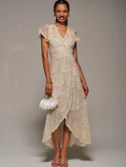 Jolie Moi Gold Frill Short Sleeve Sequin Maxi Dress^Women Occasion Dresses|Midi Dresses