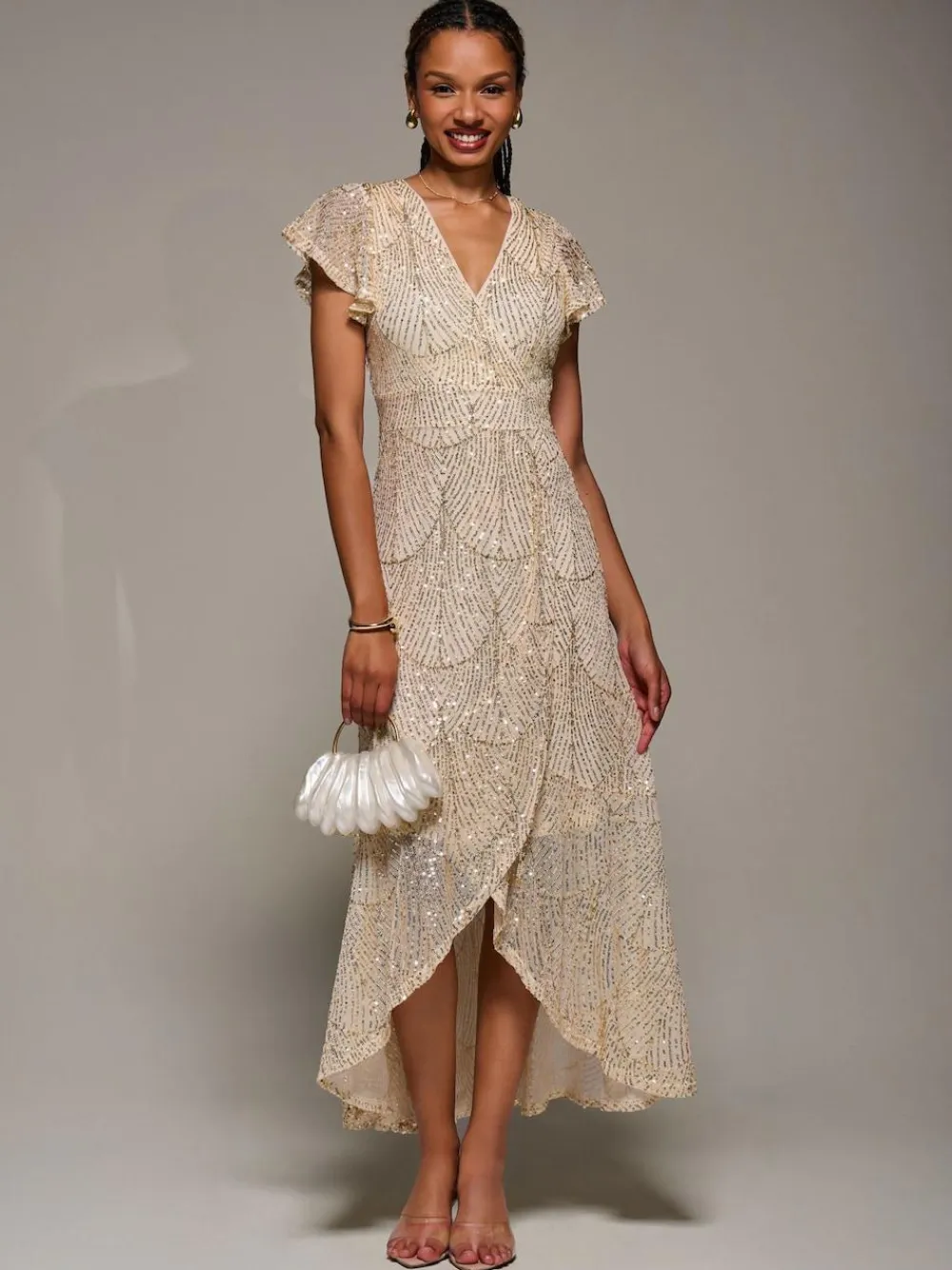 Jolie Moi Gold Frill Short Sleeve Sequin Maxi Dress^Women Occasion Dresses|Midi Dresses