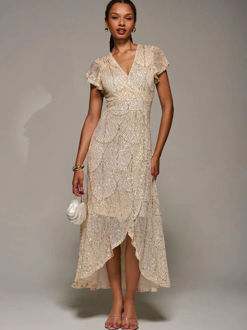 Jolie Moi Gold Frill Short Sleeve Sequin Maxi Dress^Women Occasion Dresses|Midi Dresses