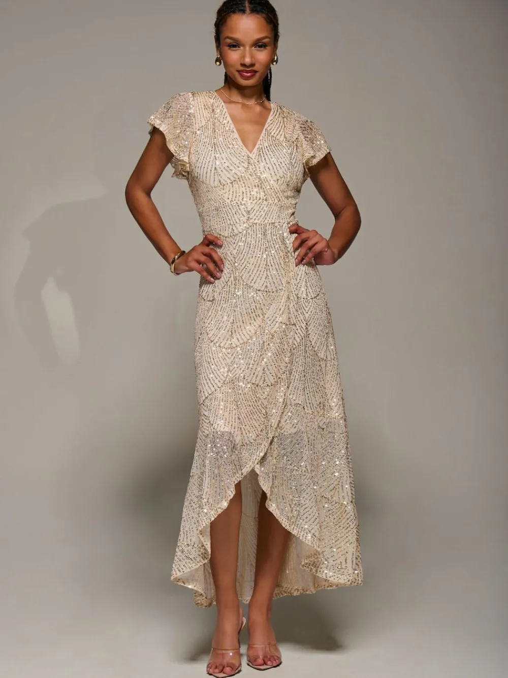 Jolie Moi Gold Frill Short Sleeve Sequin Maxi Dress^Women Occasion Dresses|Midi Dresses