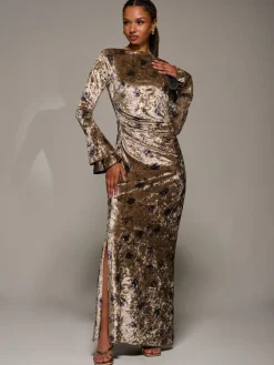 Best Jolie Moi Gold Ruffle Sleeve Asymmetric Neck Velvet Maxi Dress