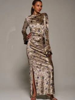 Best Jolie Moi Gold Ruffle Sleeve Asymmetric Neck Velvet Maxi Dress