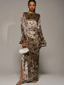 Best Jolie Moi Gold Ruffle Sleeve Asymmetric Neck Velvet Maxi Dress