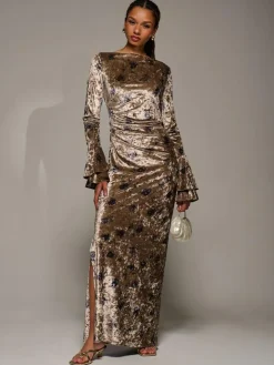 Best Jolie Moi Gold Ruffle Sleeve Asymmetric Neck Velvet Maxi Dress