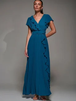 Clearance Jolie Moi Pleated Frill Detail Chiffon Maxi Dress Green