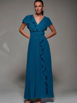 Clearance Jolie Moi Pleated Frill Detail Chiffon Maxi Dress Green