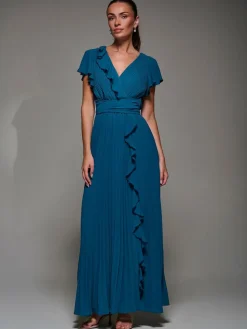 Clearance Jolie Moi Pleated Frill Detail Chiffon Maxi Dress Green