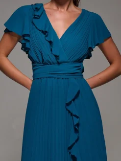 Clearance Jolie Moi Pleated Frill Detail Chiffon Maxi Dress Green