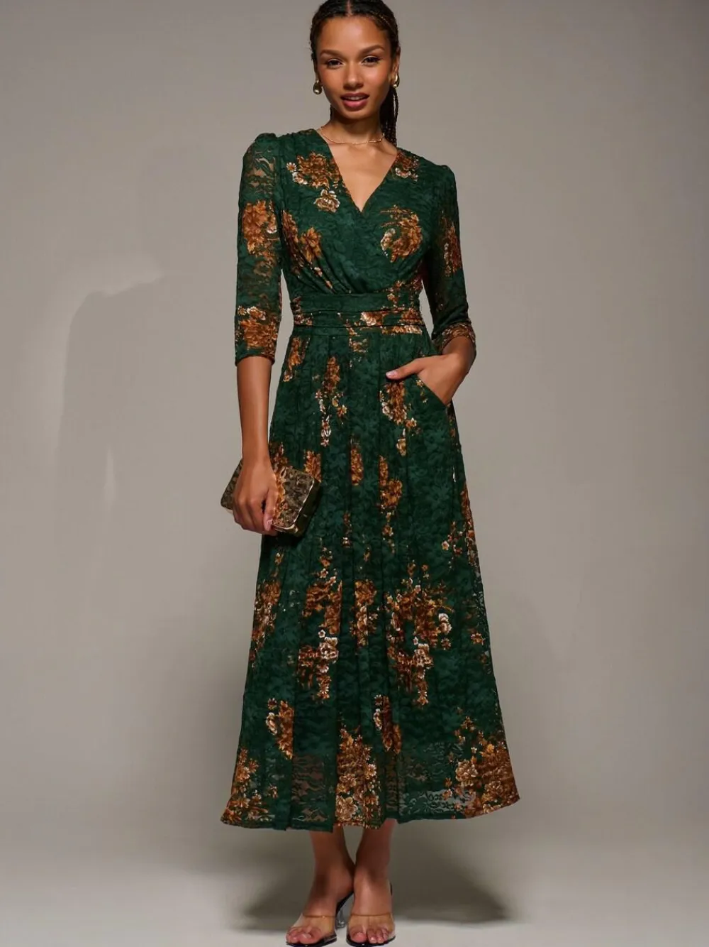 Discount Jolie Moi Three Quarter Sleeve Printed Lace Maxi Dress Green