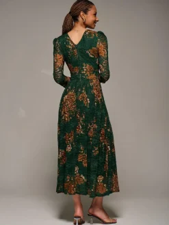 Discount Jolie Moi Three Quarter Sleeve Printed Lace Maxi Dress Green