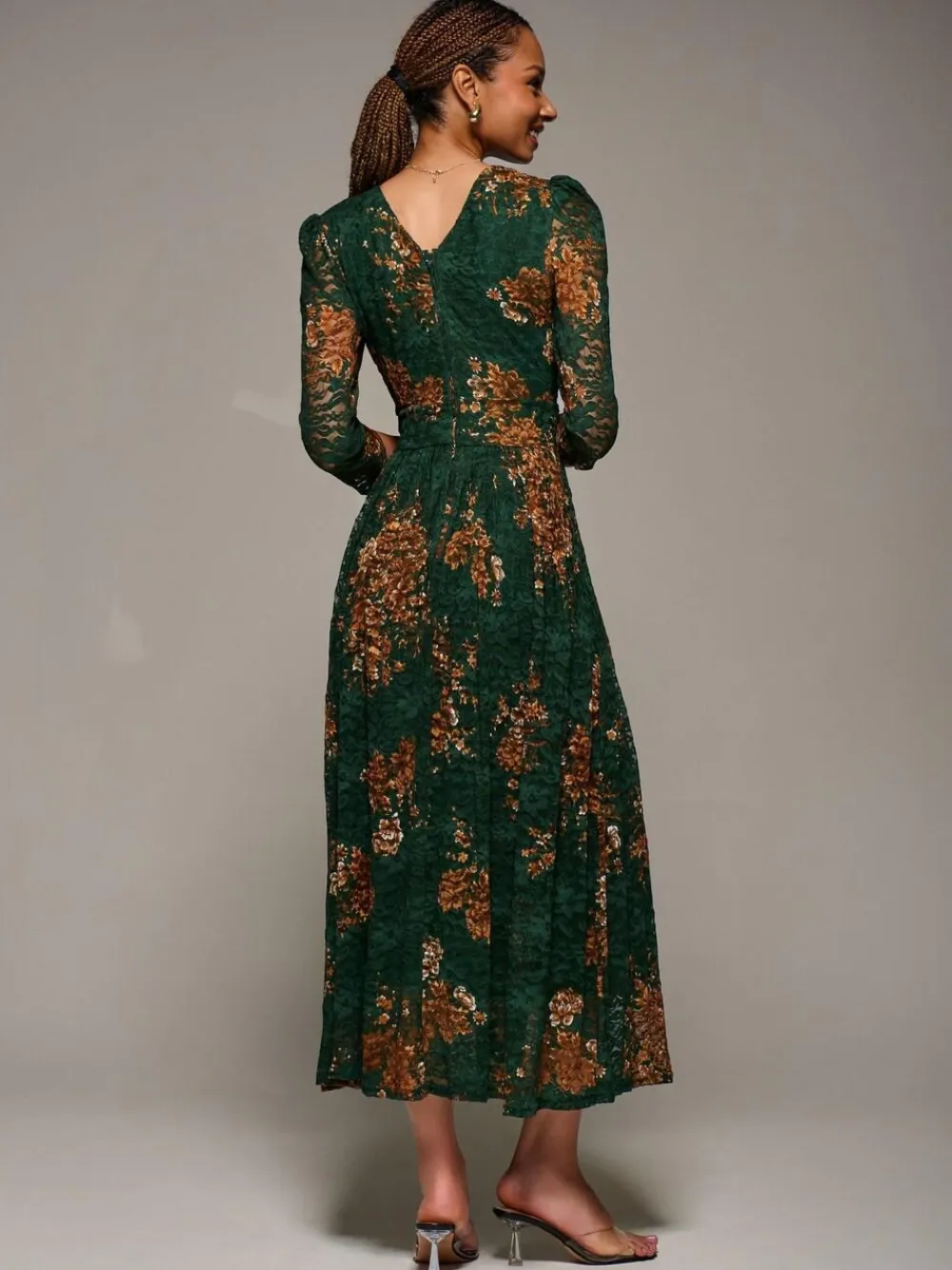 Discount Jolie Moi Three Quarter Sleeve Printed Lace Maxi Dress Green