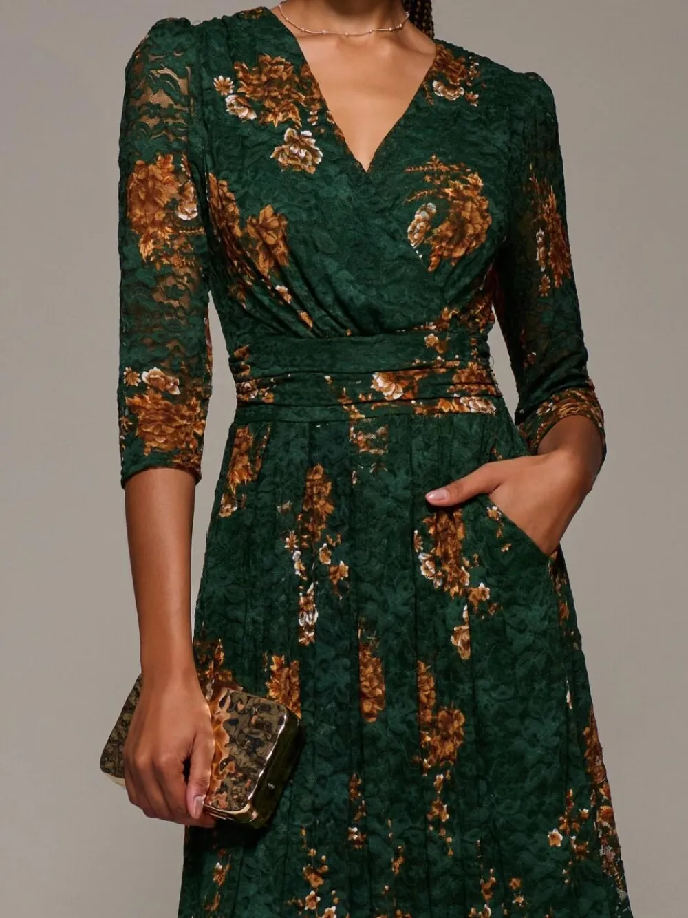 Discount Jolie Moi Three Quarter Sleeve Printed Lace Maxi Dress Green