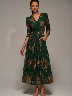 Discount Jolie Moi Three Quarter Sleeve Printed Lace Maxi Dress Green