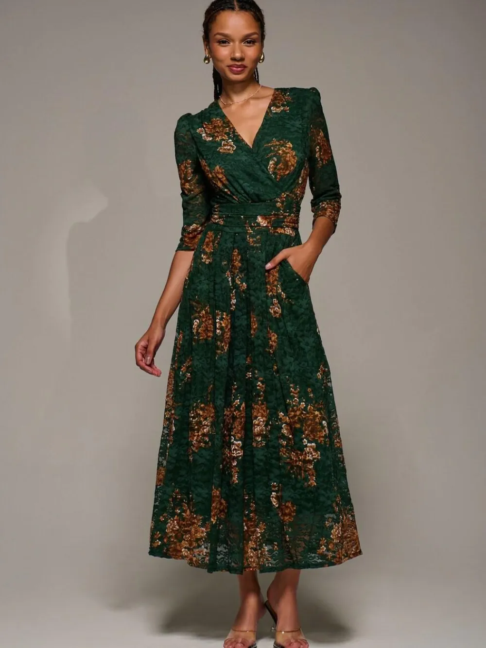 Discount Jolie Moi Three Quarter Sleeve Printed Lace Maxi Dress Green