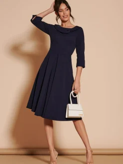 Outlet Jolie Moi 3/4 Sleeve Fold Neck Midi Dress Navy Blue