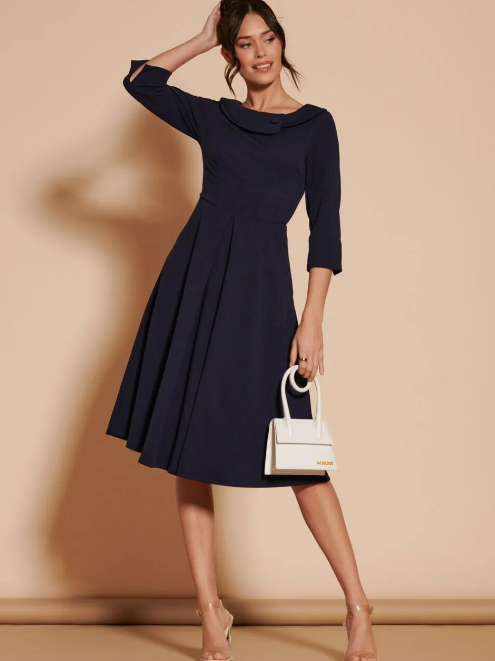 Outlet Jolie Moi 3/4 Sleeve Fold Neck Midi Dress Navy Blue