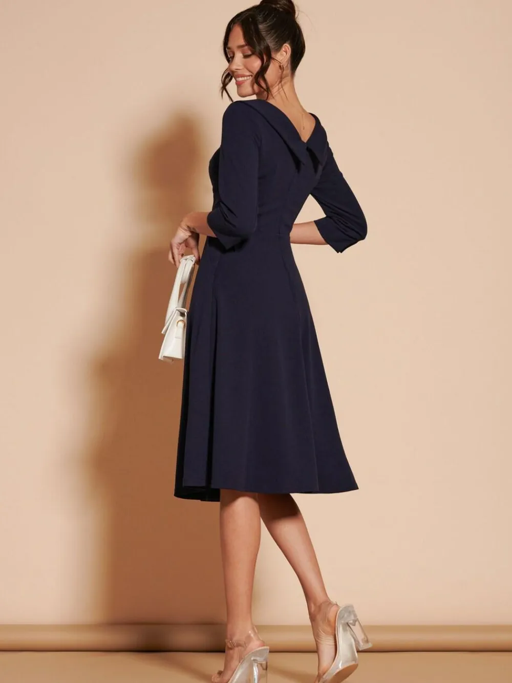 Outlet Jolie Moi 3/4 Sleeve Fold Neck Midi Dress Navy Blue