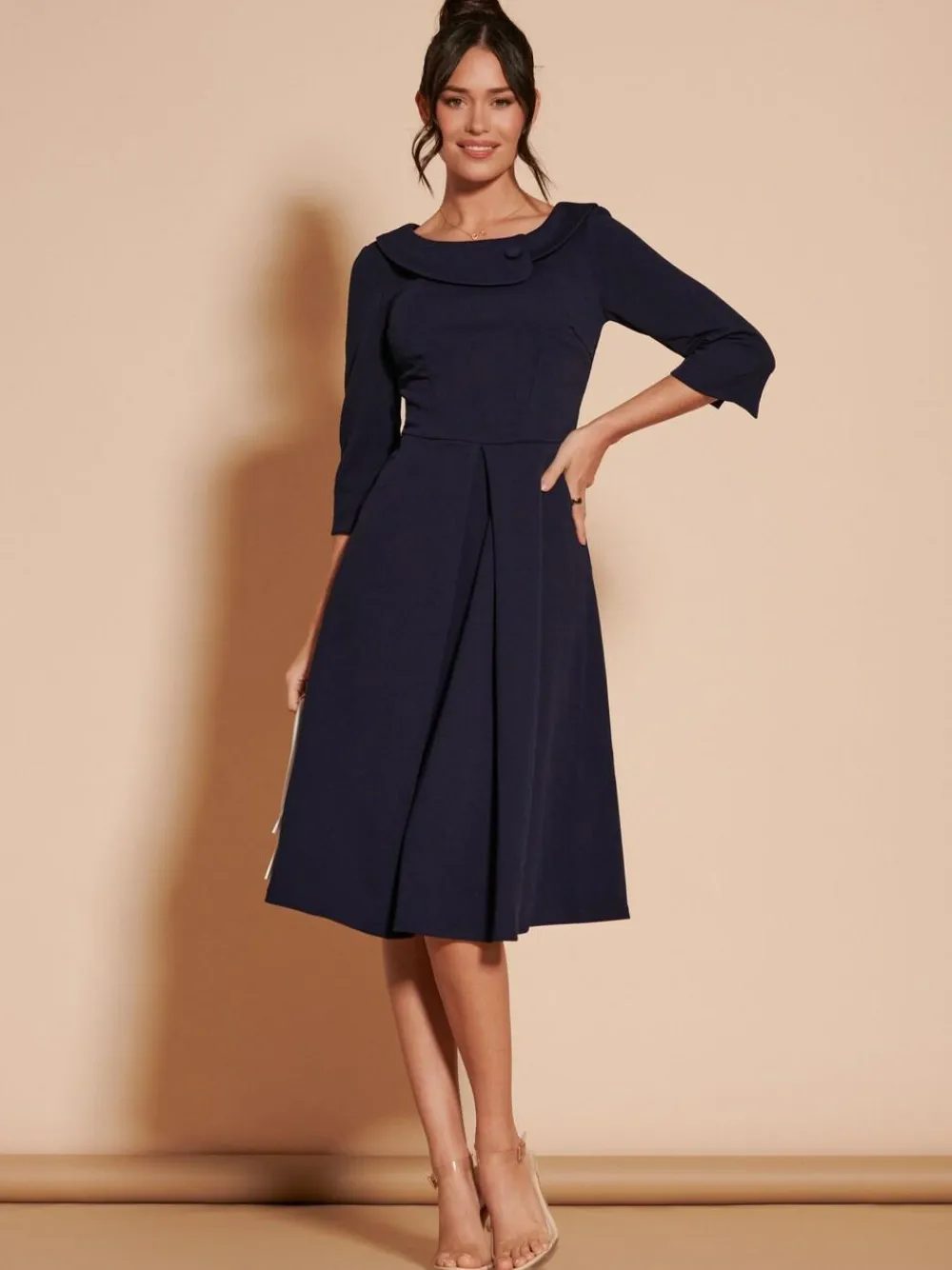 Outlet Jolie Moi 3/4 Sleeve Fold Neck Midi Dress Navy Blue